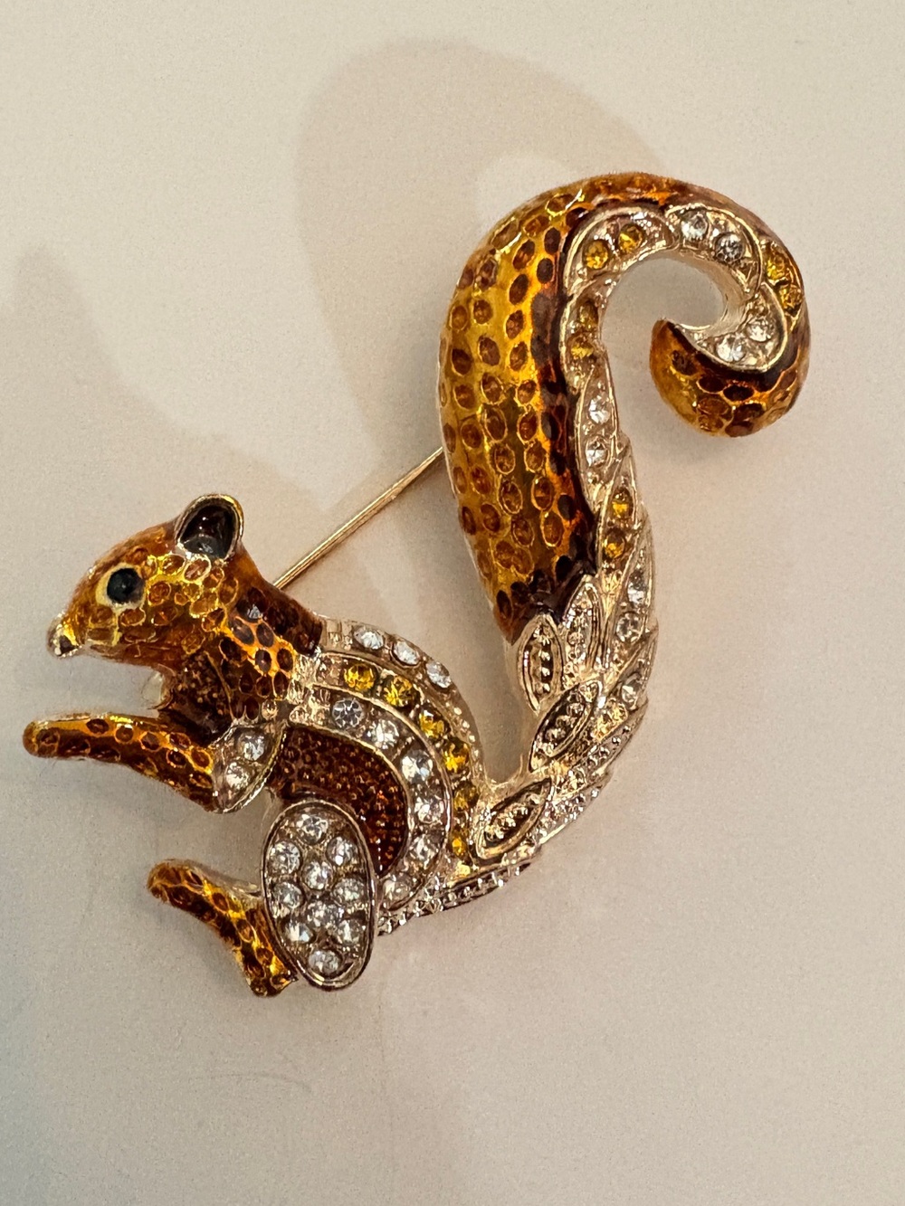 Squirrel Crystal and Enamel Brooch in Golden Brown